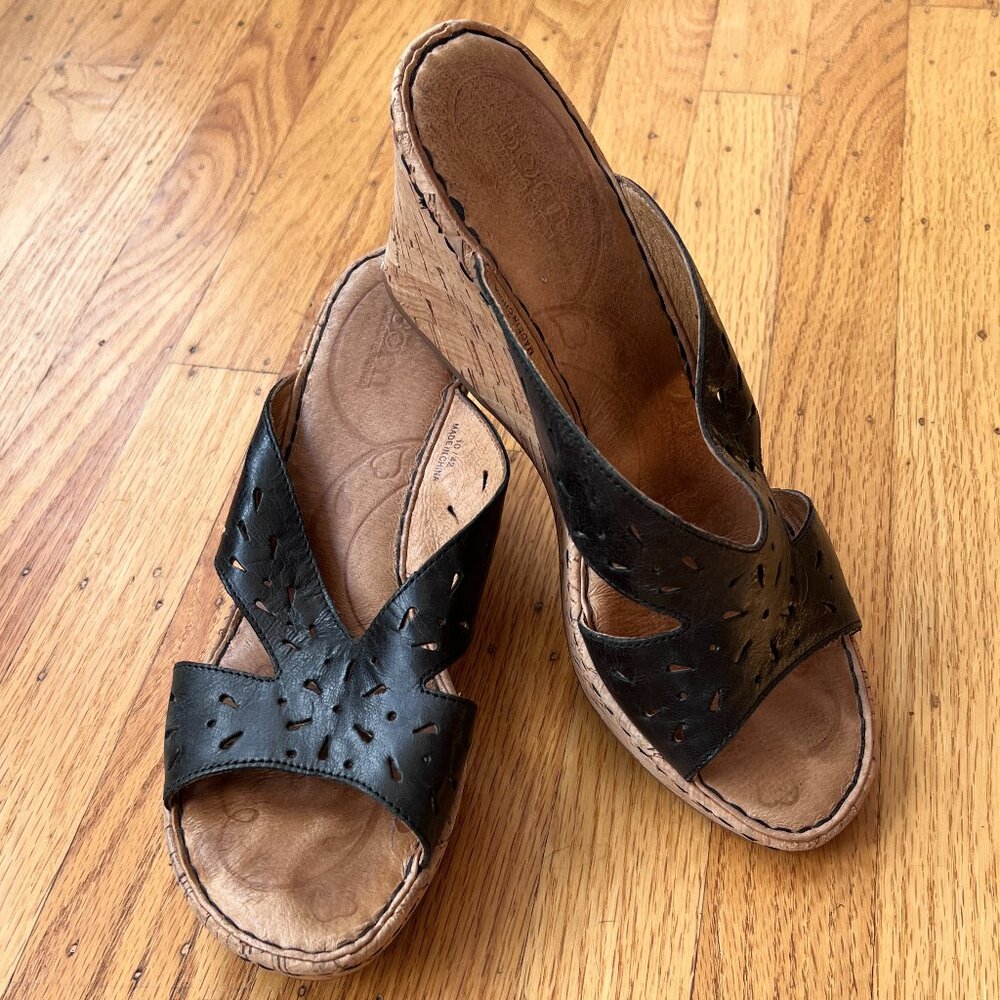 Børn Womens Slides Black Leather Wedges Boho Sz.10